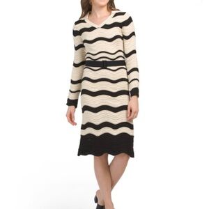 NWT DALIA MACPHEE Crochet Collared Knit Dress Belted Long Sleeve Black Stripe Lg